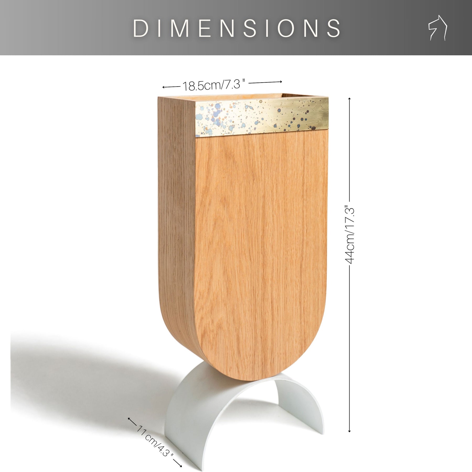 Dimensions for wooden standing umbrella holder with brass edge design and white curved metal leg