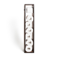 Vertical toilet paper holder made from dark-stained walnut veneer with an open design, storing five rolls of toilet paper vertically and featuring a roll mounted at the top for easy access.