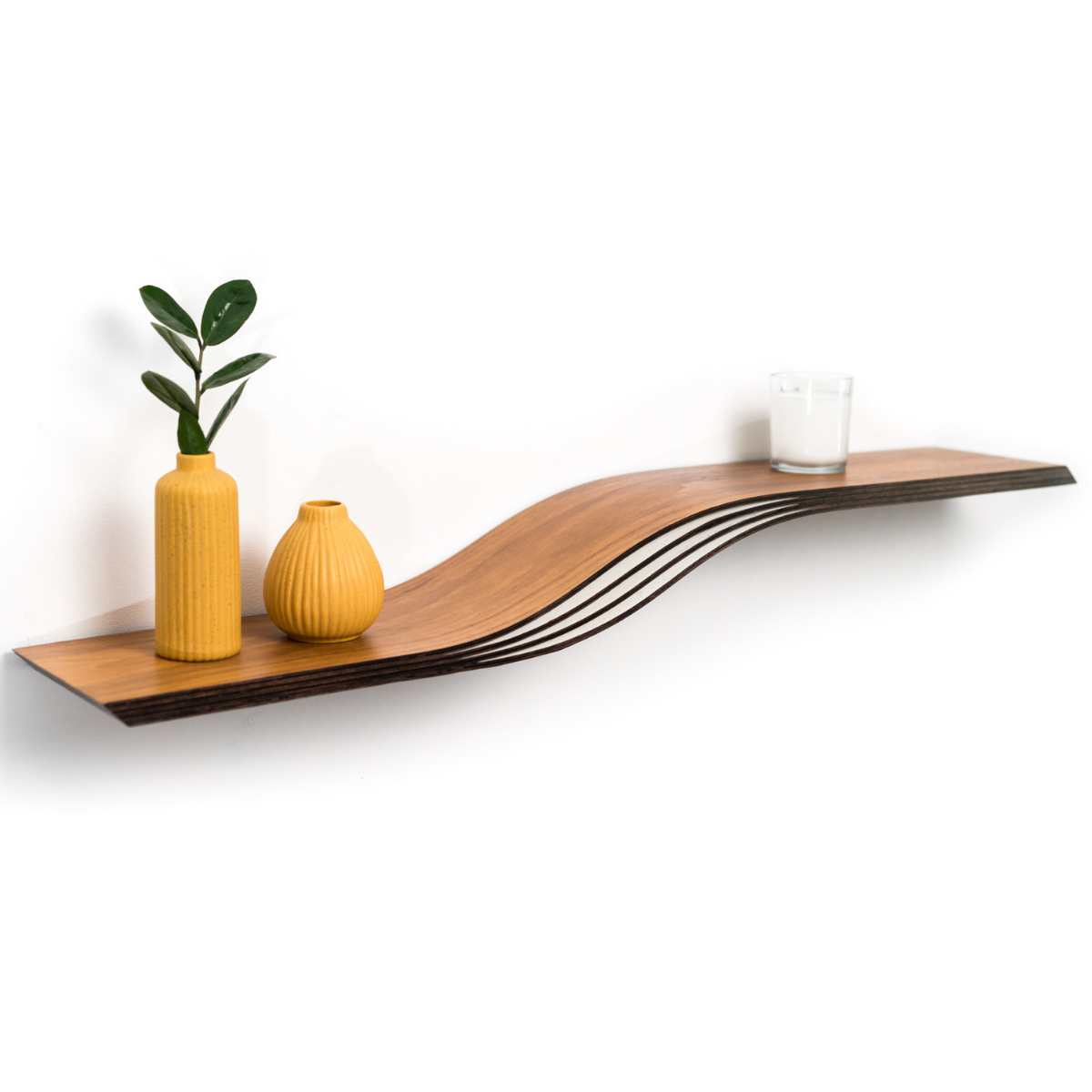 Wooden floating wave shelf in walnut wood finish