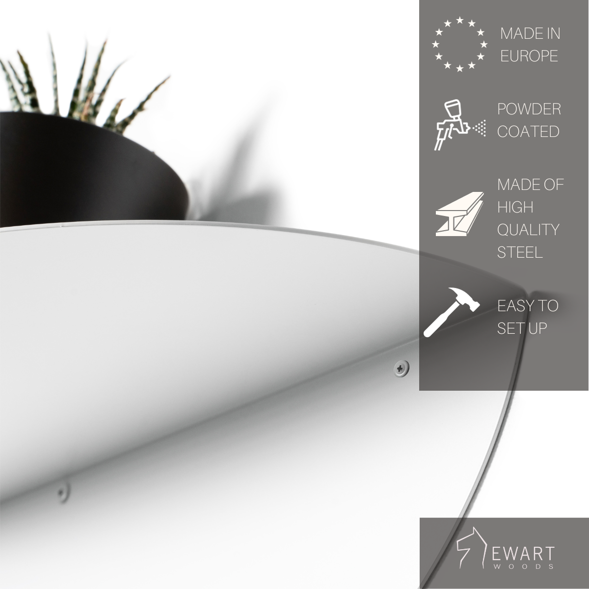 Close-up of a white elliptical metal floating shelf with a matte finish, displaying a potted plant, with product details such as European-made, powder-coated finish, high-quality steel, and easy setup.
