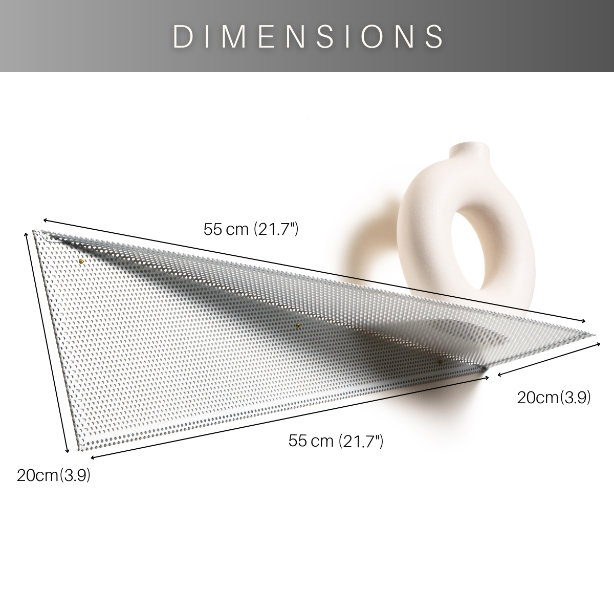 Dimensions for white perforated metal shelf