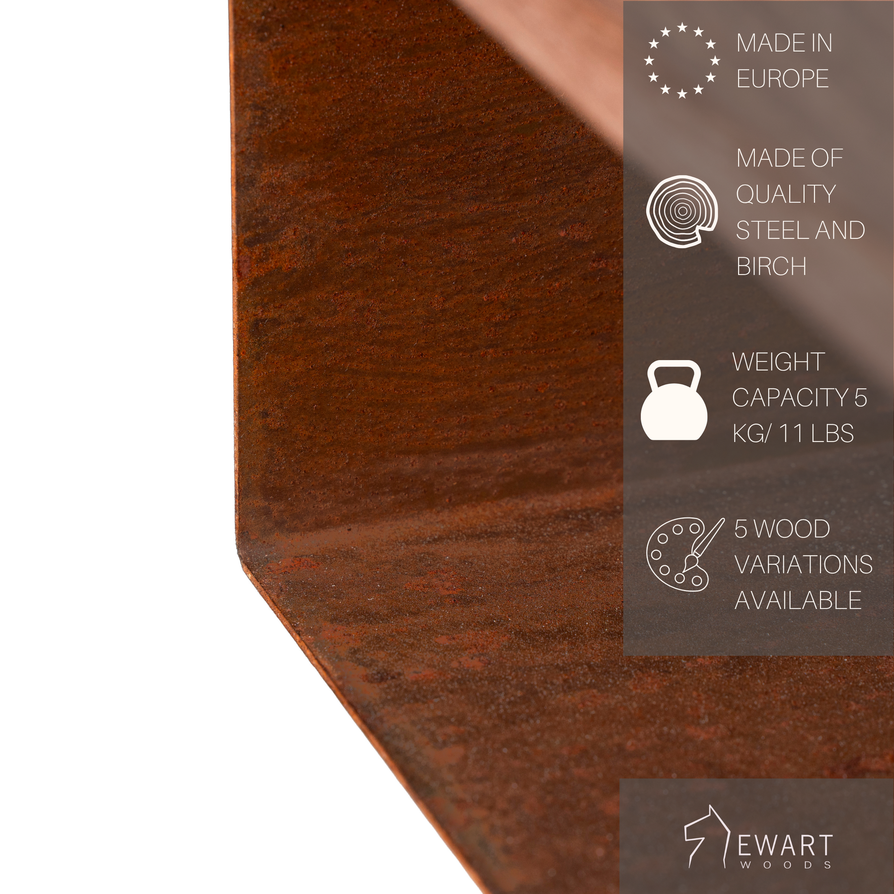 Close up of wall mounted industrial style rusted steel with wood surface floating nightstand along with manufacturer specifics