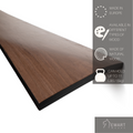 Close-up of a dark wood shelf with a tapered edge. Text indicates it&