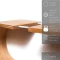Wooden oval shelf with Ewart Woods branding and specifications close-up