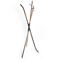 Clear view of wooden free standing coat rack with black metal conjunction part