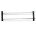 Minimalist black metal double towel rack with two parallel bars, mounted on a clean, white wall for a modern look.