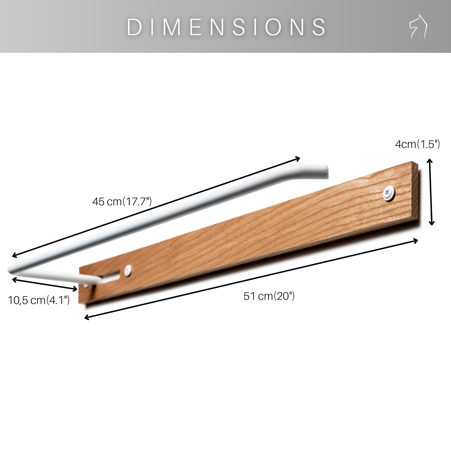 Wooden towel rack with a white metal bar, showing dimensions: 45 cm (17.7 in) length, 10.5 cm (4.1 in) height, and 4 cm (1.5 in) depth.