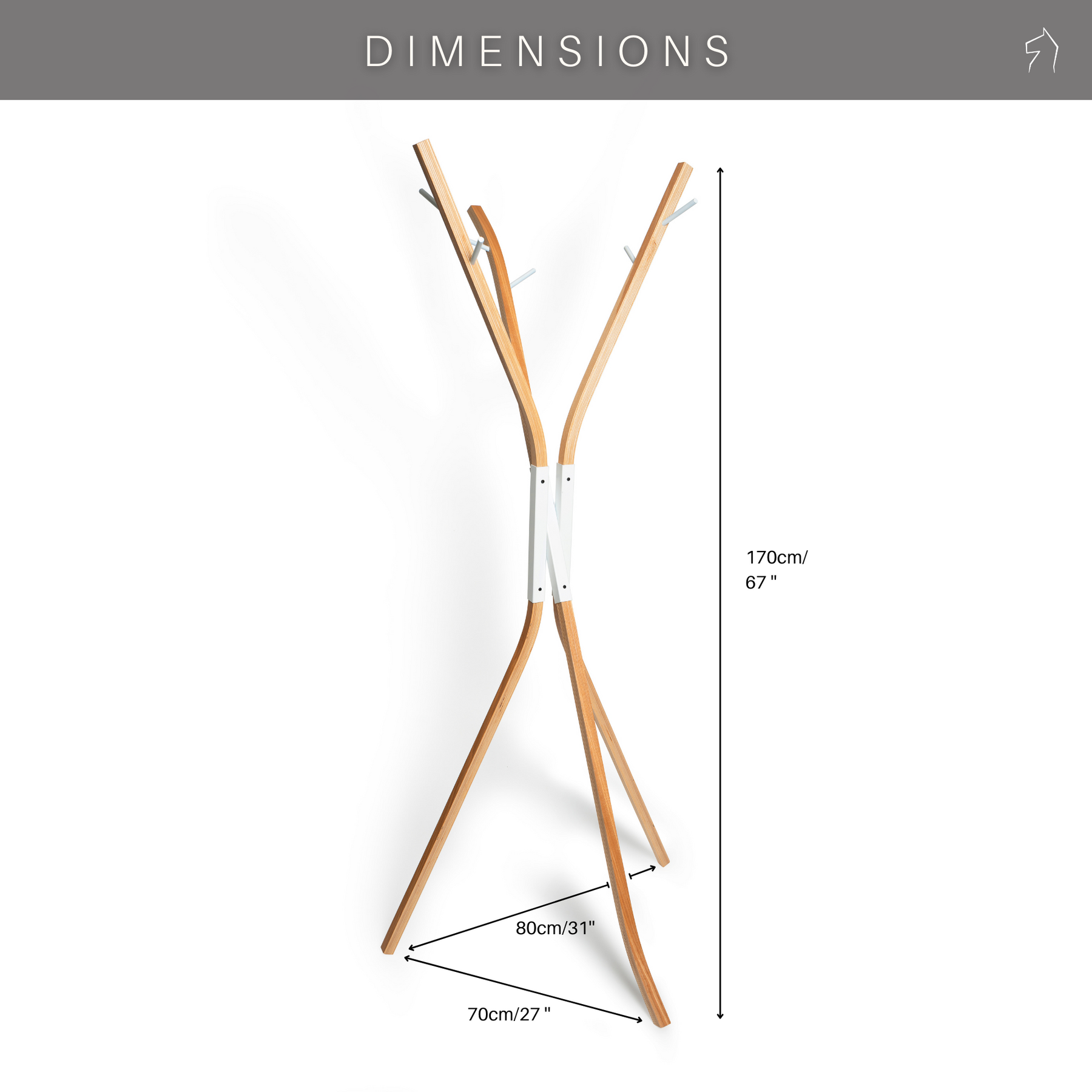 Dimensions for wooden free standing coat  rack with black or white metal middle conjunction part