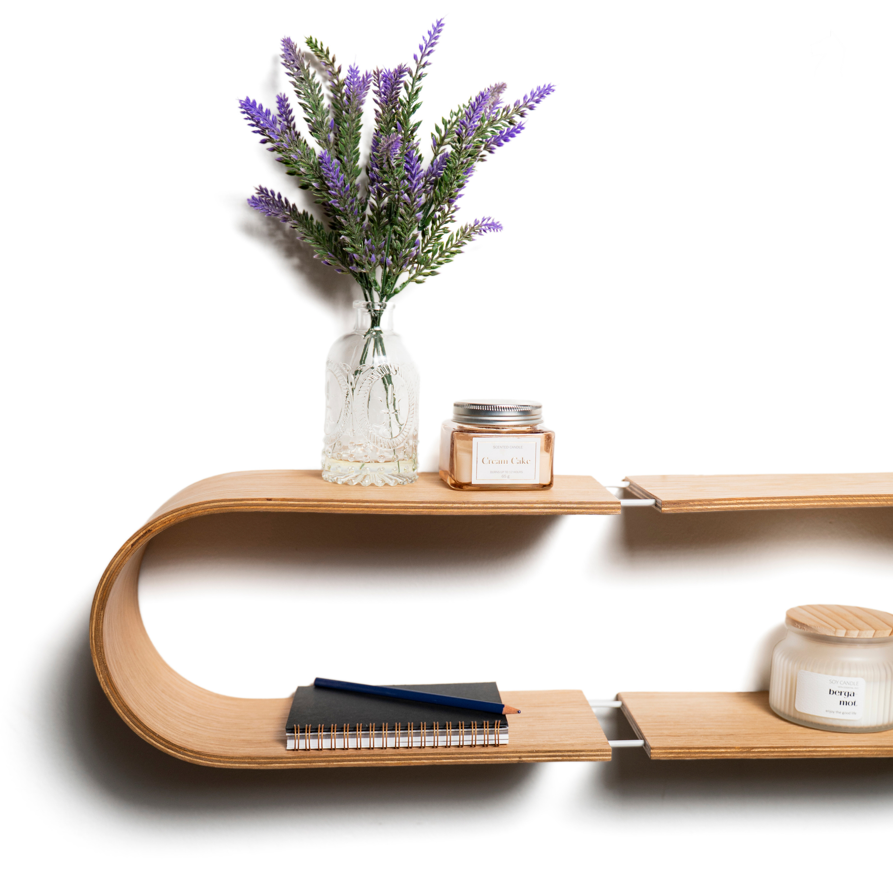 Modern oval shaped wooden wall shelf with a smooth curved design