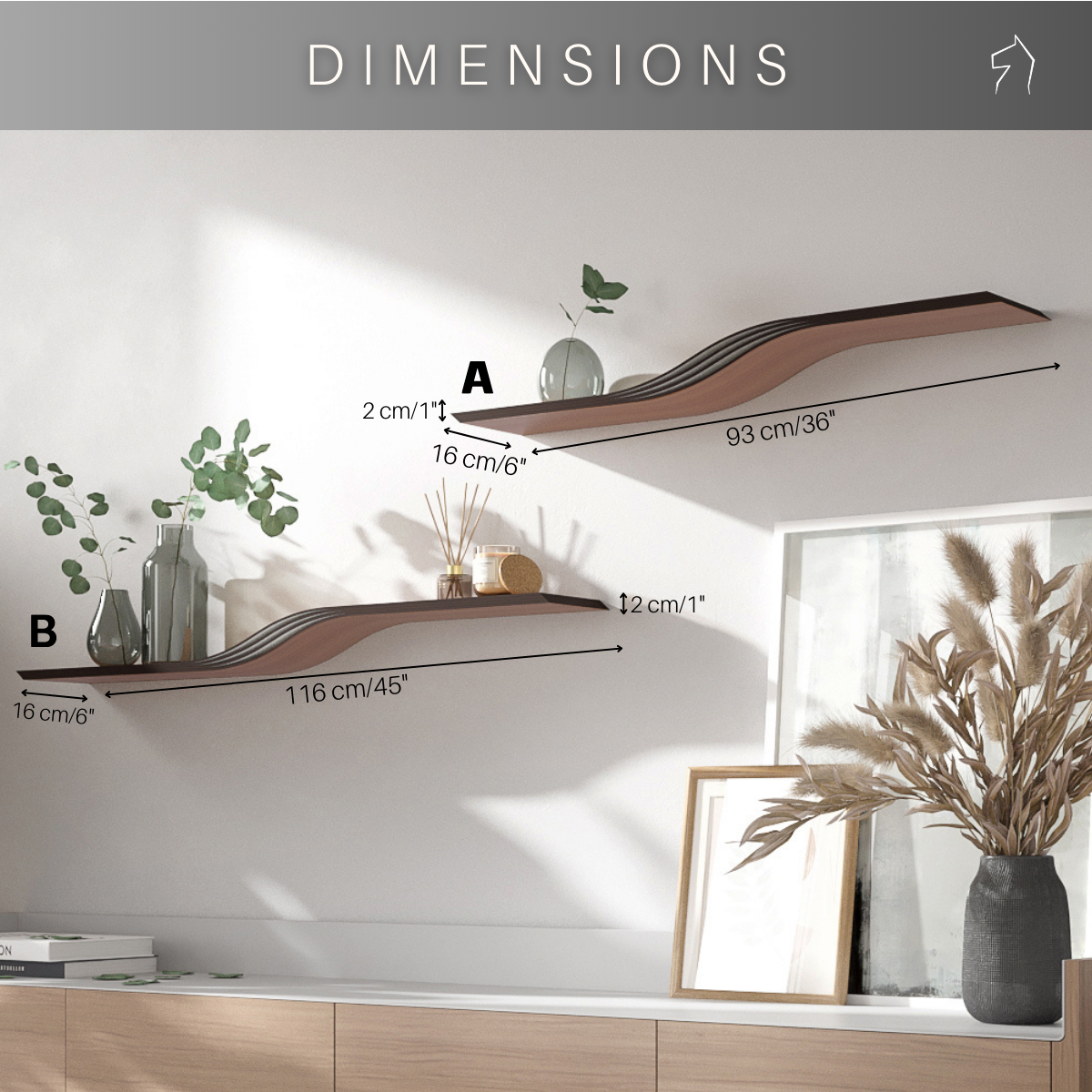 Dimensions for wooden floating wave shelves