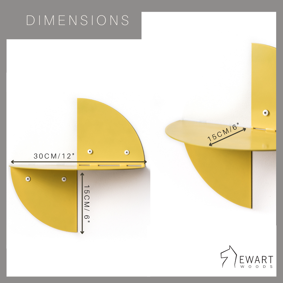 Yellow half-circle wall shelf with dimensions of 30 cm (12 inches) in width and 15 cm (6 inches) in height. The shelf is mounted with visible screws and features a smooth, powder-coated finish.