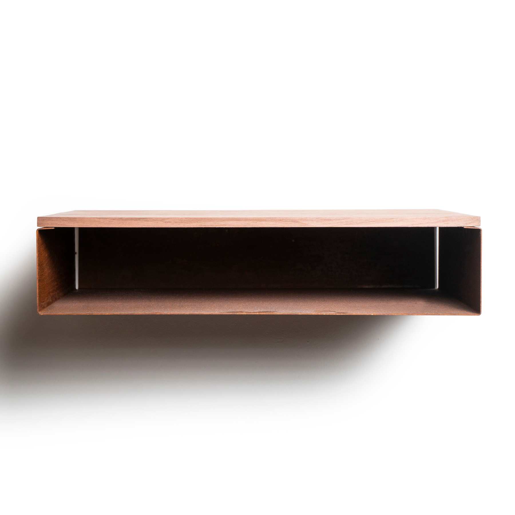 Front view of wall mounted industrial style rusted metal floating nightstand with wooden surface