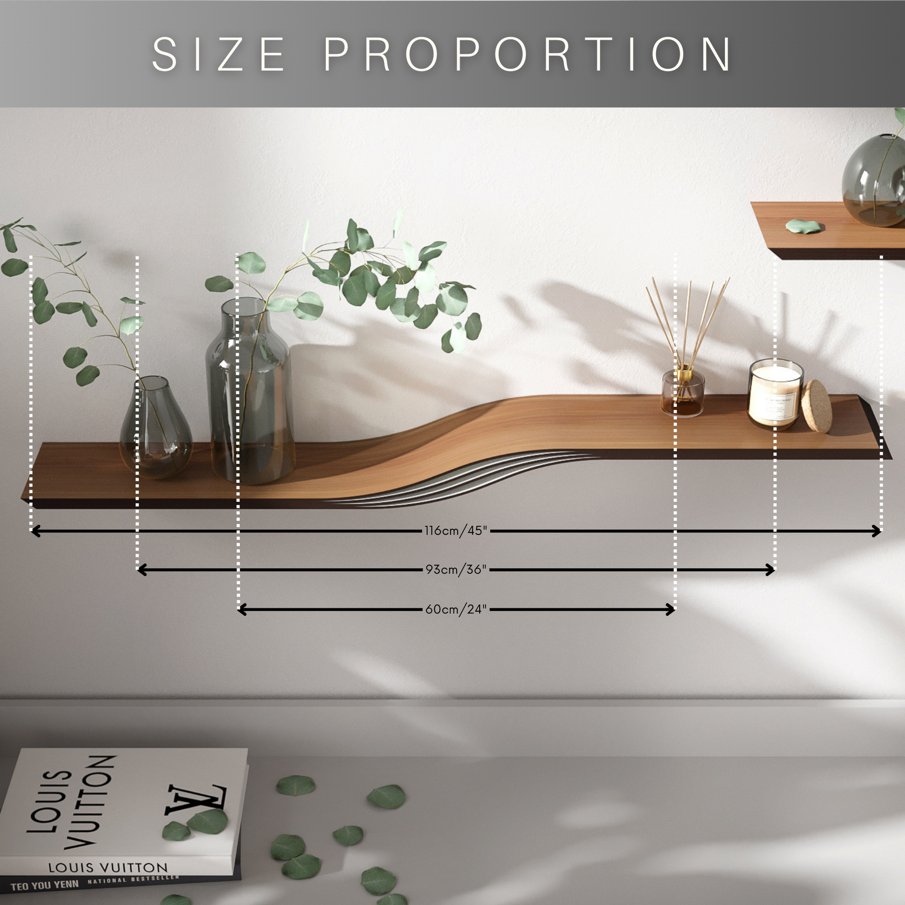 Dimensions for three wooden floating wave shelves