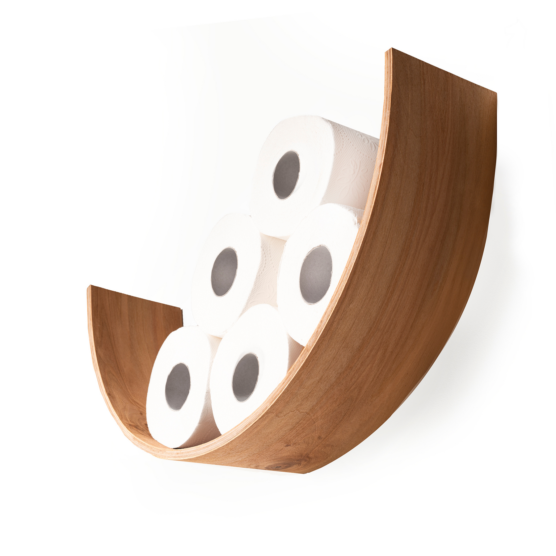 Front view of a cherry wood curved toilet paper holder, displaying five rolls of toilet paper. The holder has a smooth texture, creating a sleek, minimalist design.