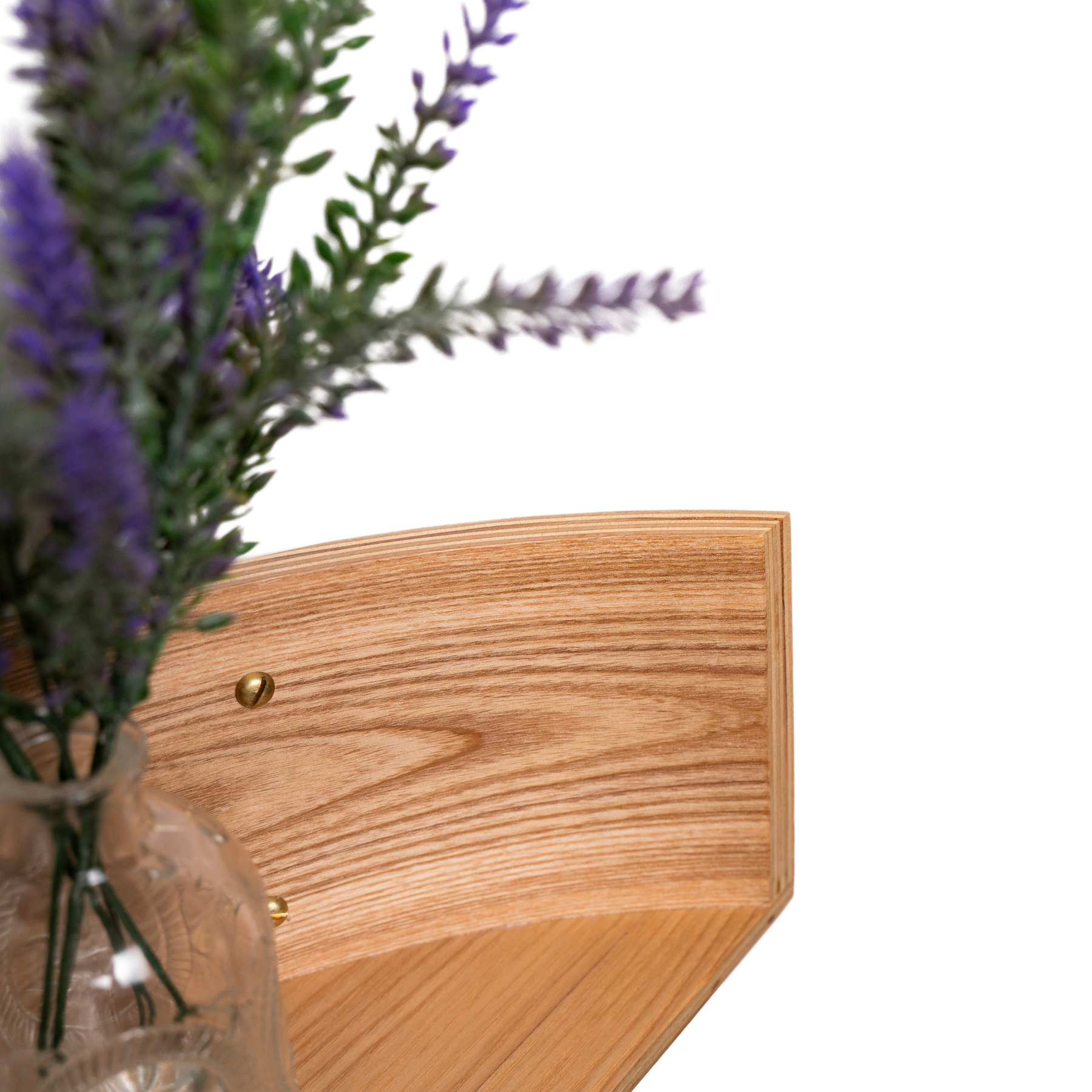 Floating wall shelf wooden half circle with golden screws curved edge design