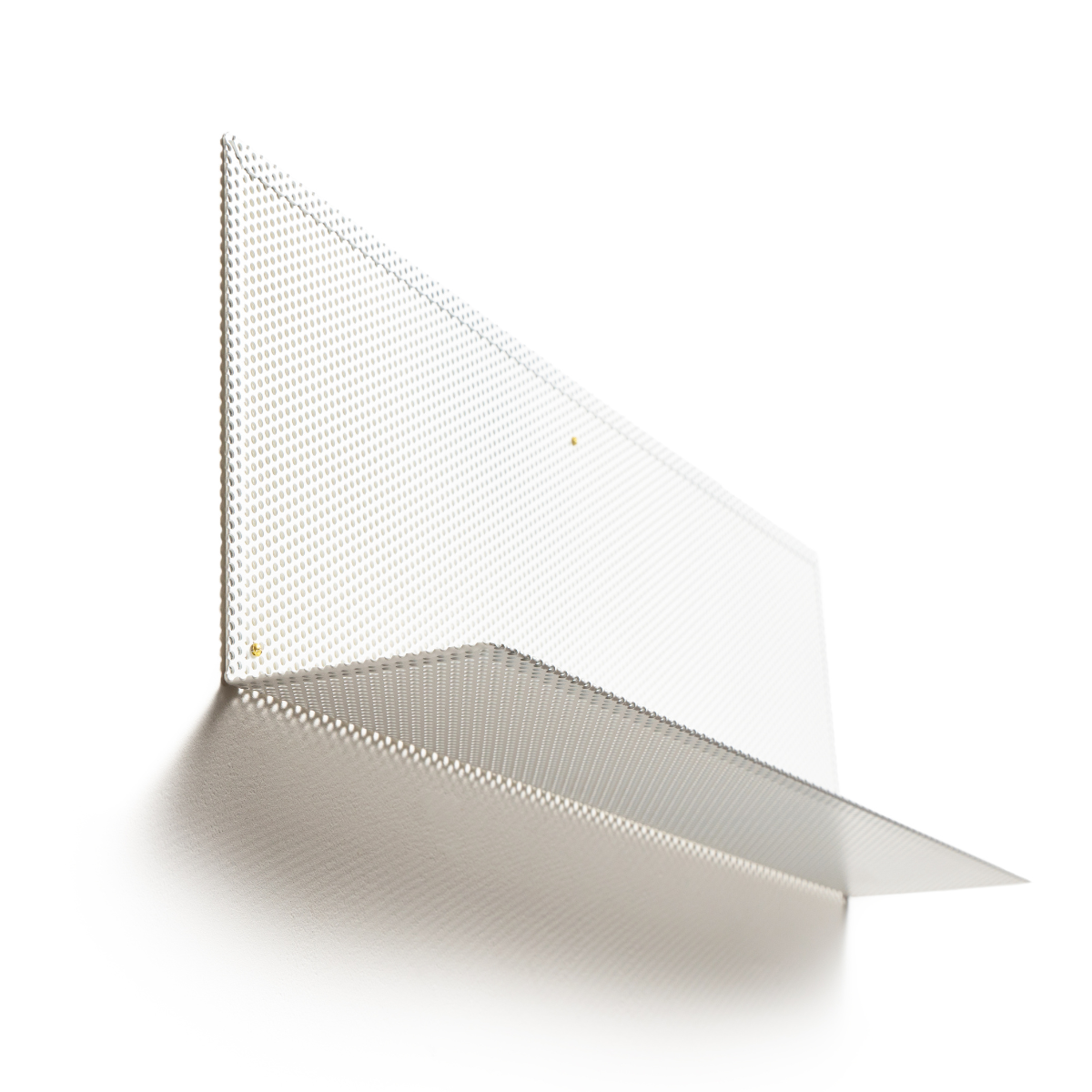 Angled view of a perforated metal wall shelf with a minimalist rectangular design, showcasing its lightweight and durable structure.