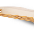 Close-up of the edge of a wooden shelf, highlighting its layered construction and smooth finish. The image shows the natural grain and texture of the wood.