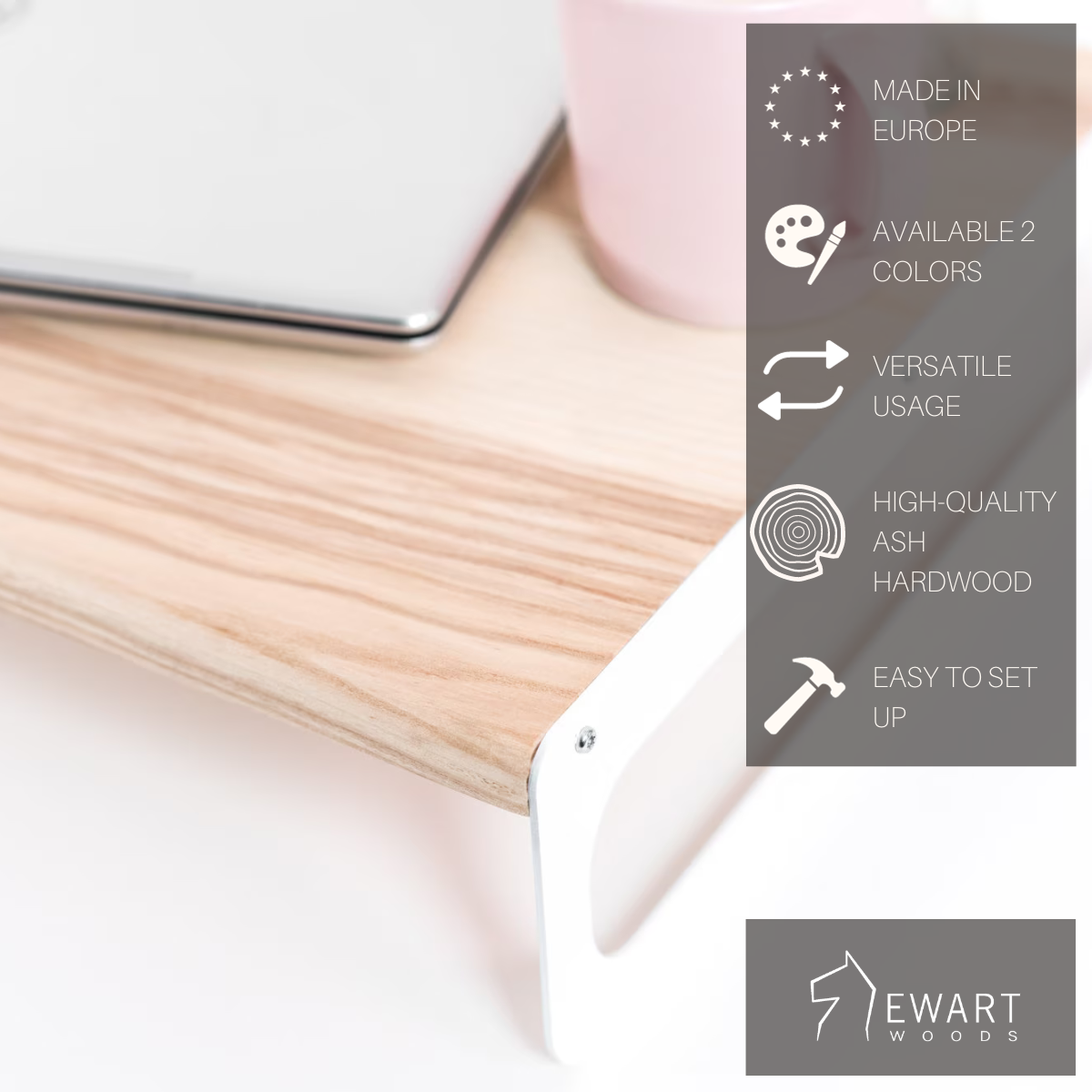 Wooden serving tray with a light ash finish and sleek white metal legs. The tray is shown with a laptop and features overlayed text highlighting key features: Made in Europe, available in 2 colors, versatile usage, high-quality ash hardwood, and easy to set up, with the &