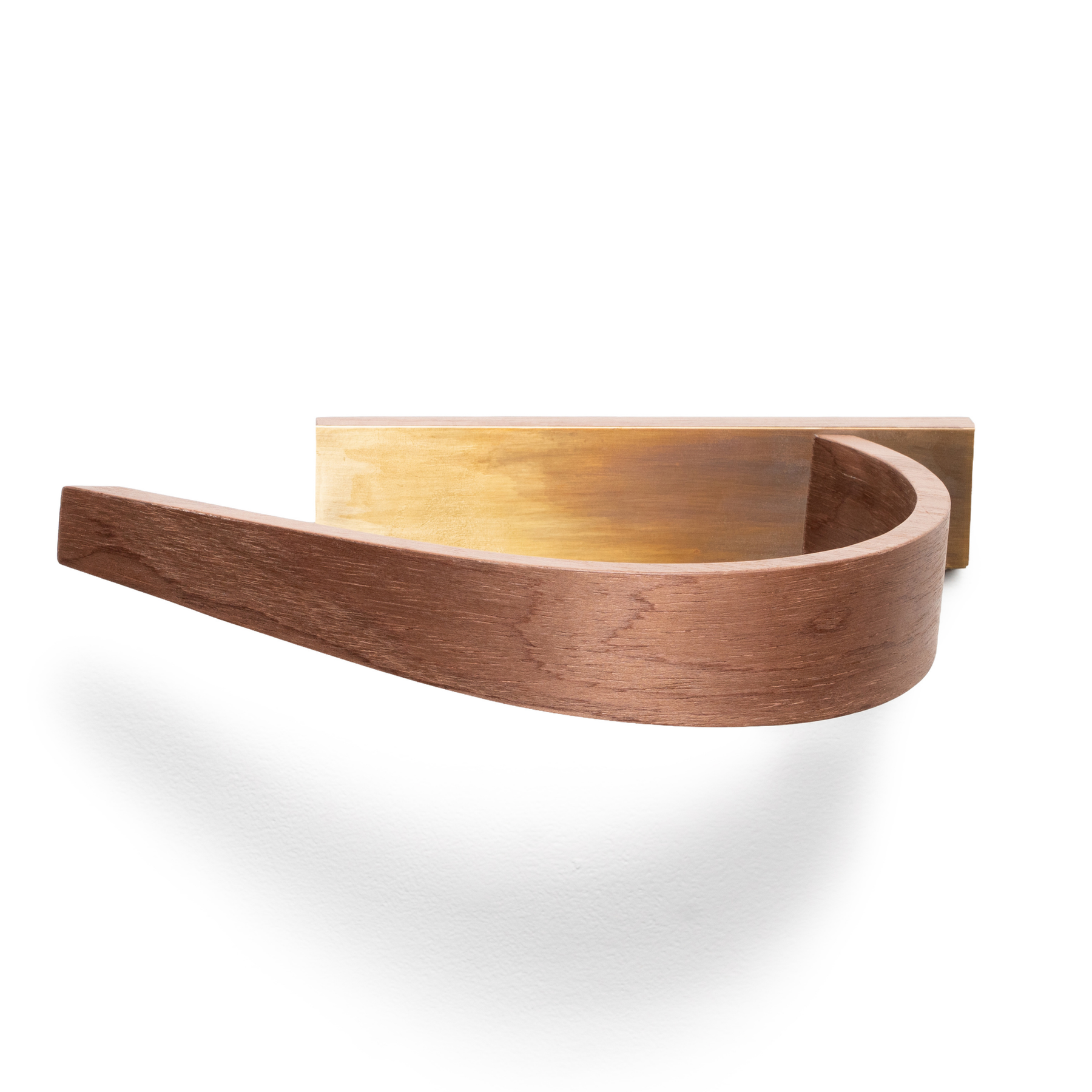 Front view of modern bathroom wooden toilet paper holder with brass design and curved shape