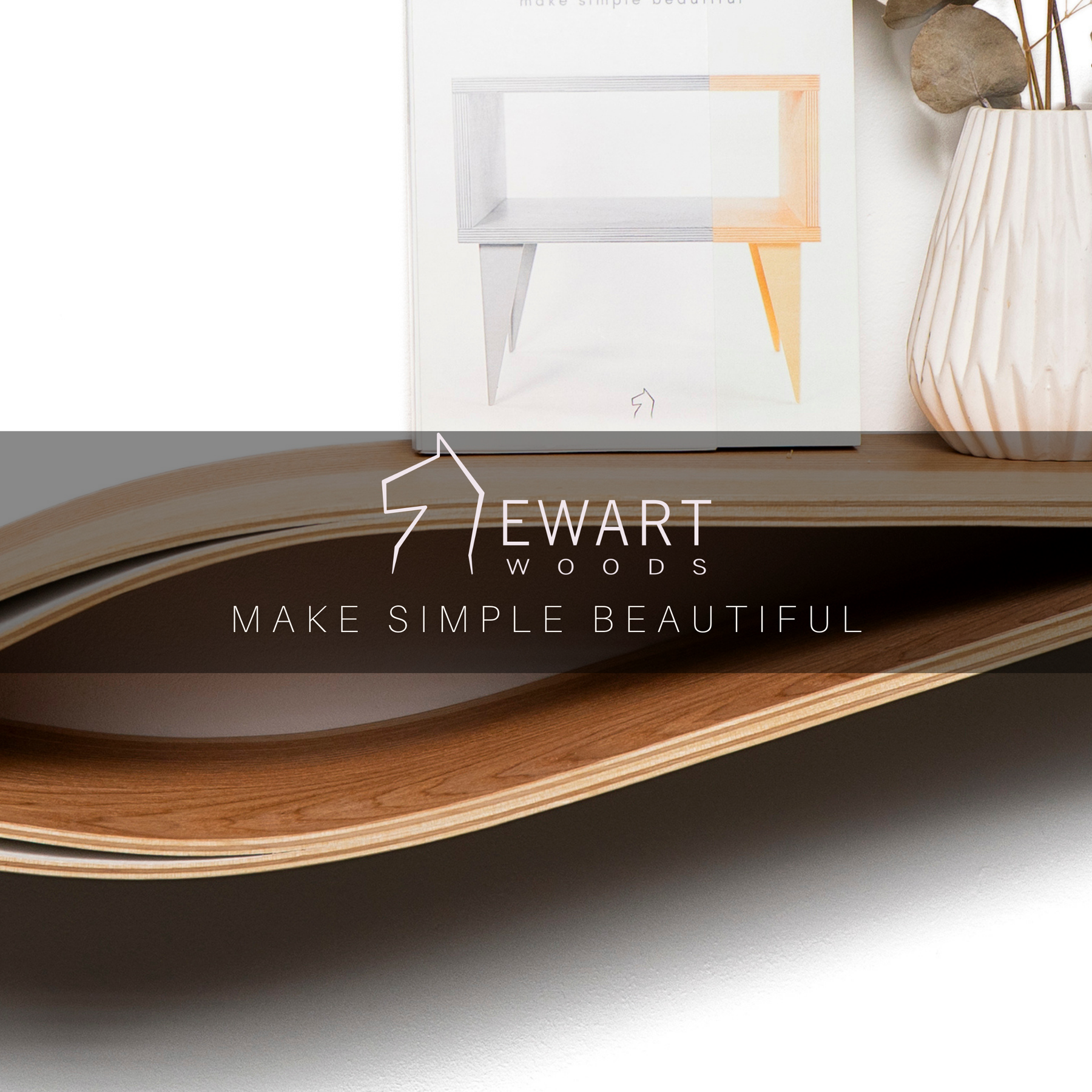 Wooden floating shelf in fish form design close-up
