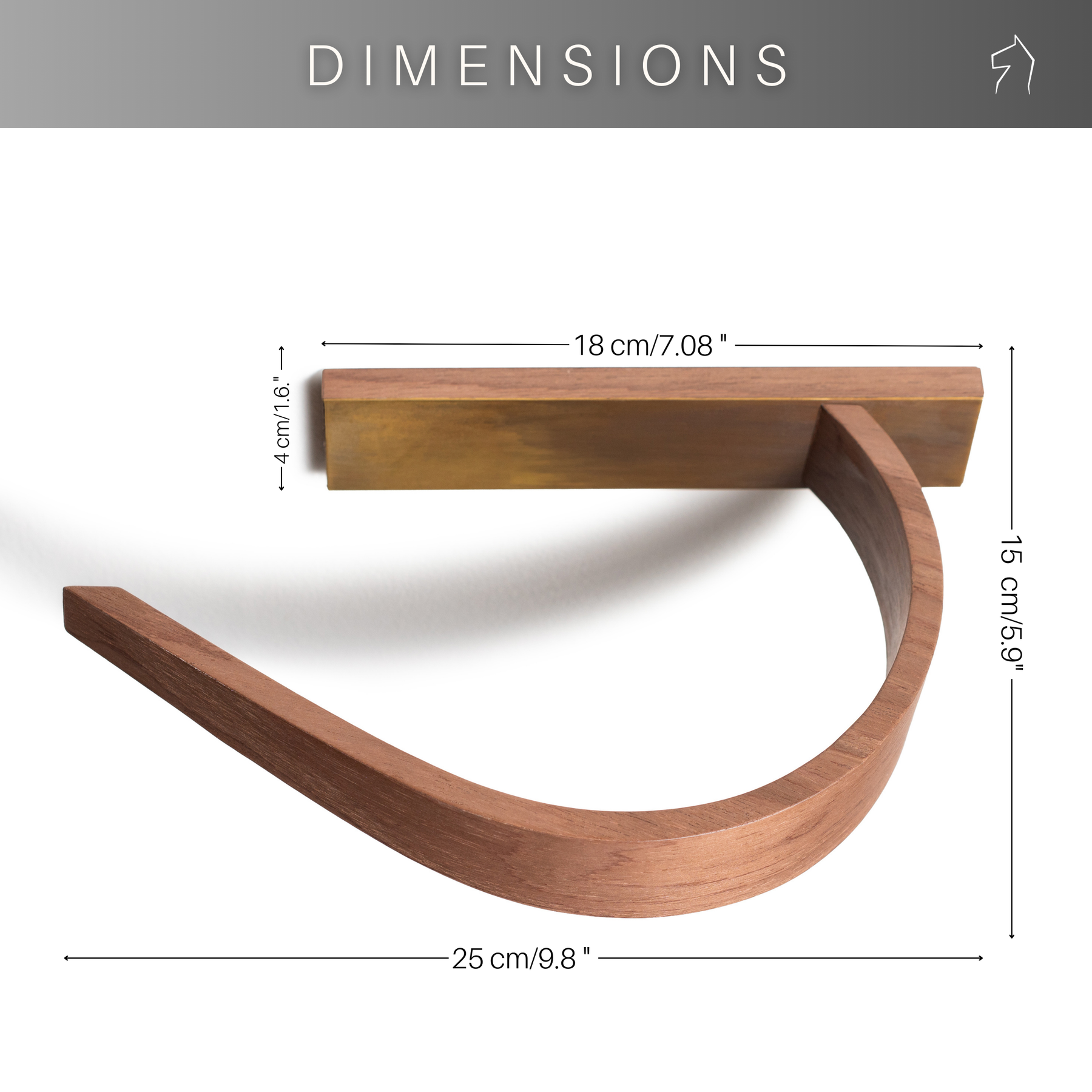 Dimensions for modern bathroom wooden toilet paper holder with brass design and curved shape