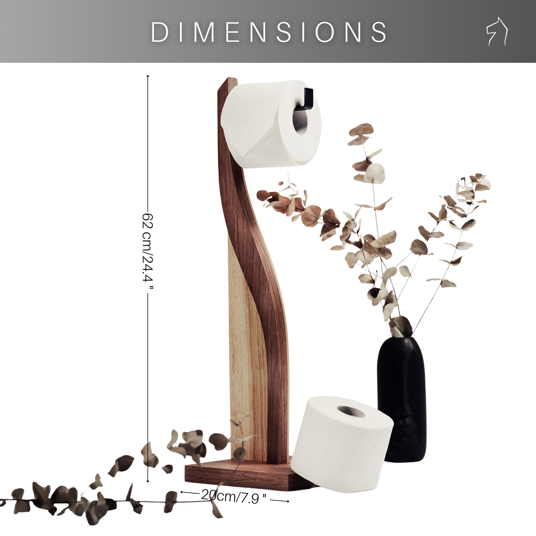 Dimensions for wooden standing toilet paper holder in ashwood with walnut color details and metal holder for roll