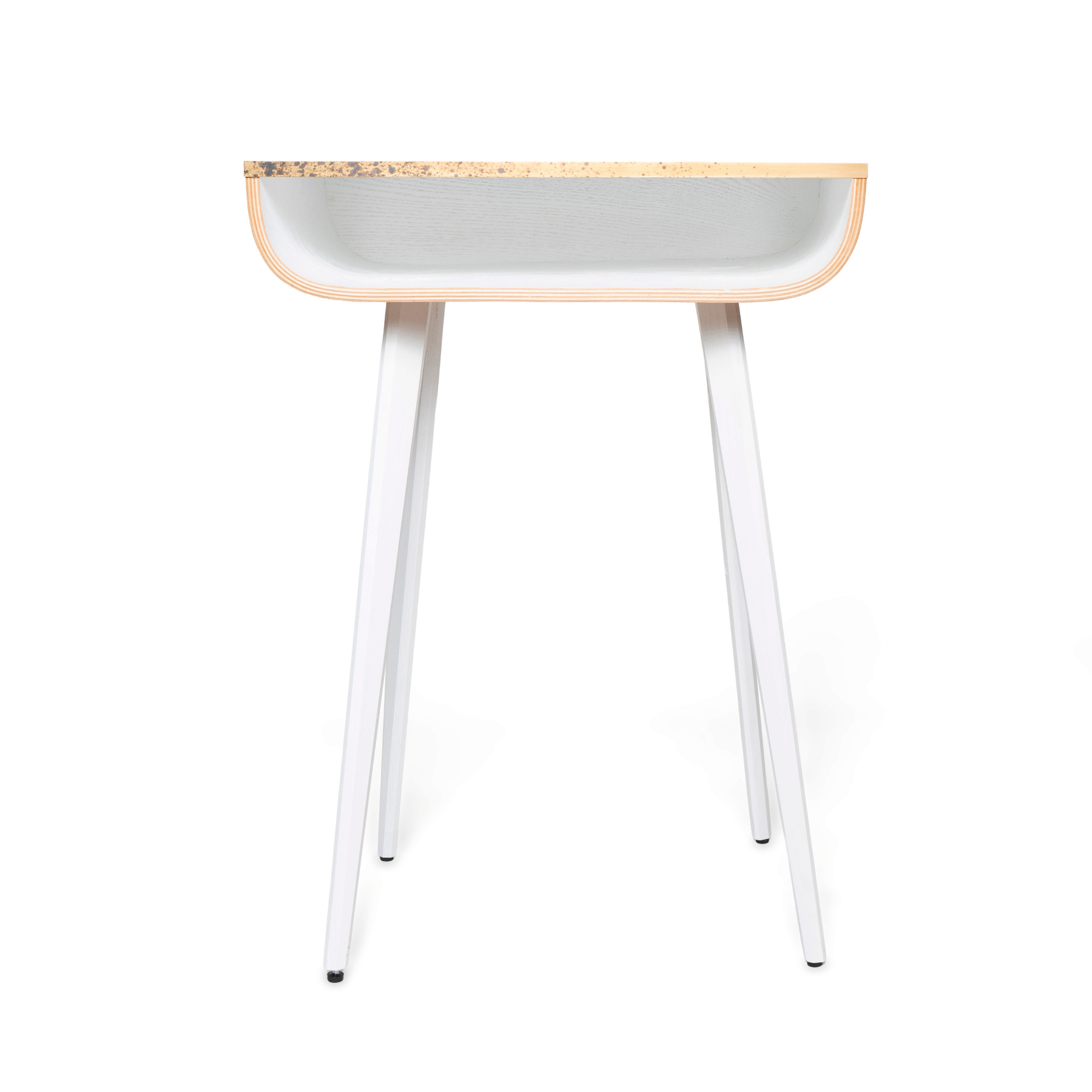Front view of wooden nightstand with brass design and white wooden legs