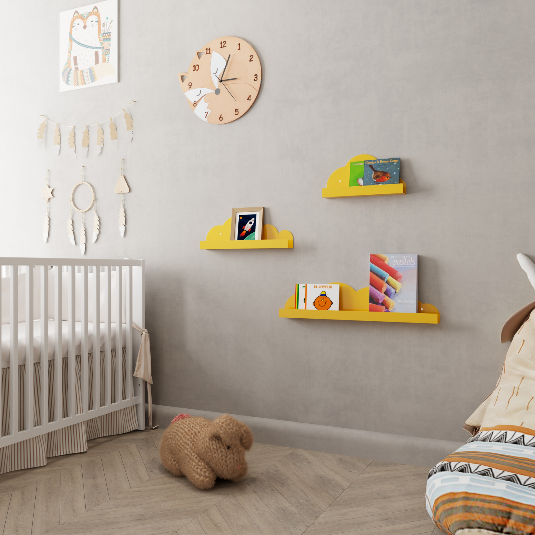 Childrens wall mounted metal cloud bookshelves in yellow color