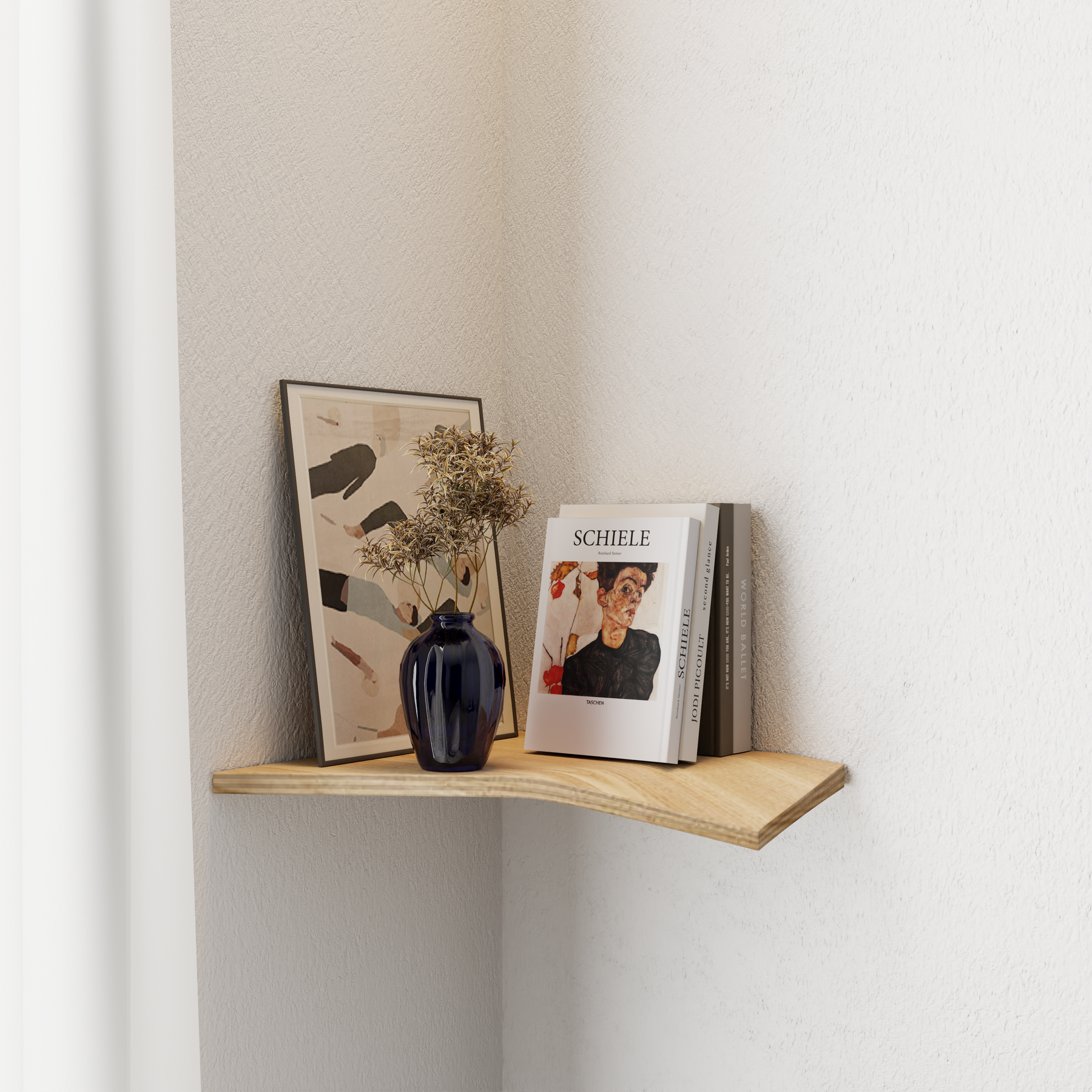 Ash wood corner shelf with curved edge design
