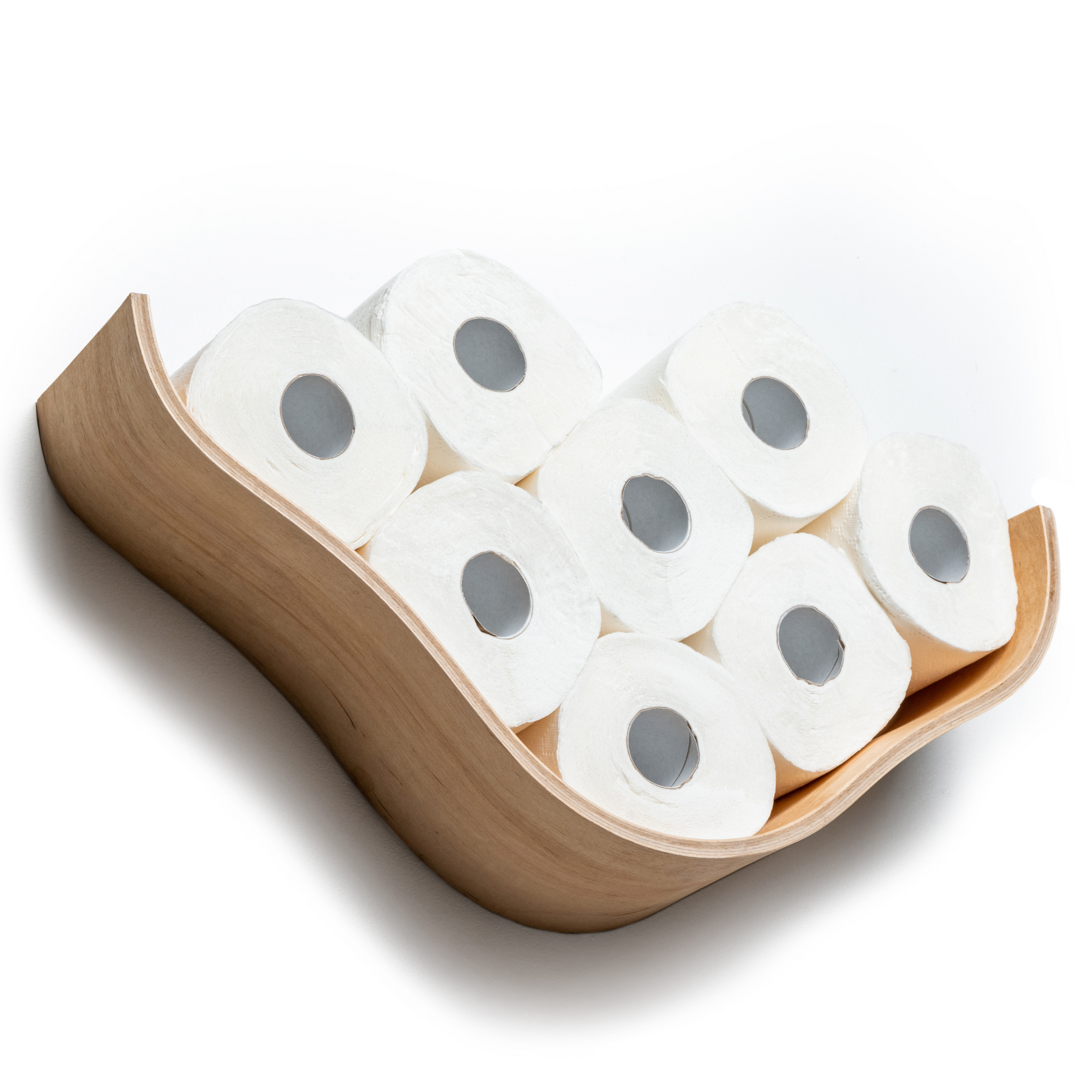 Ash wooden shelf with a cloud-like, curved design holding eight rolls of toilet paper, placed on a white surface.
