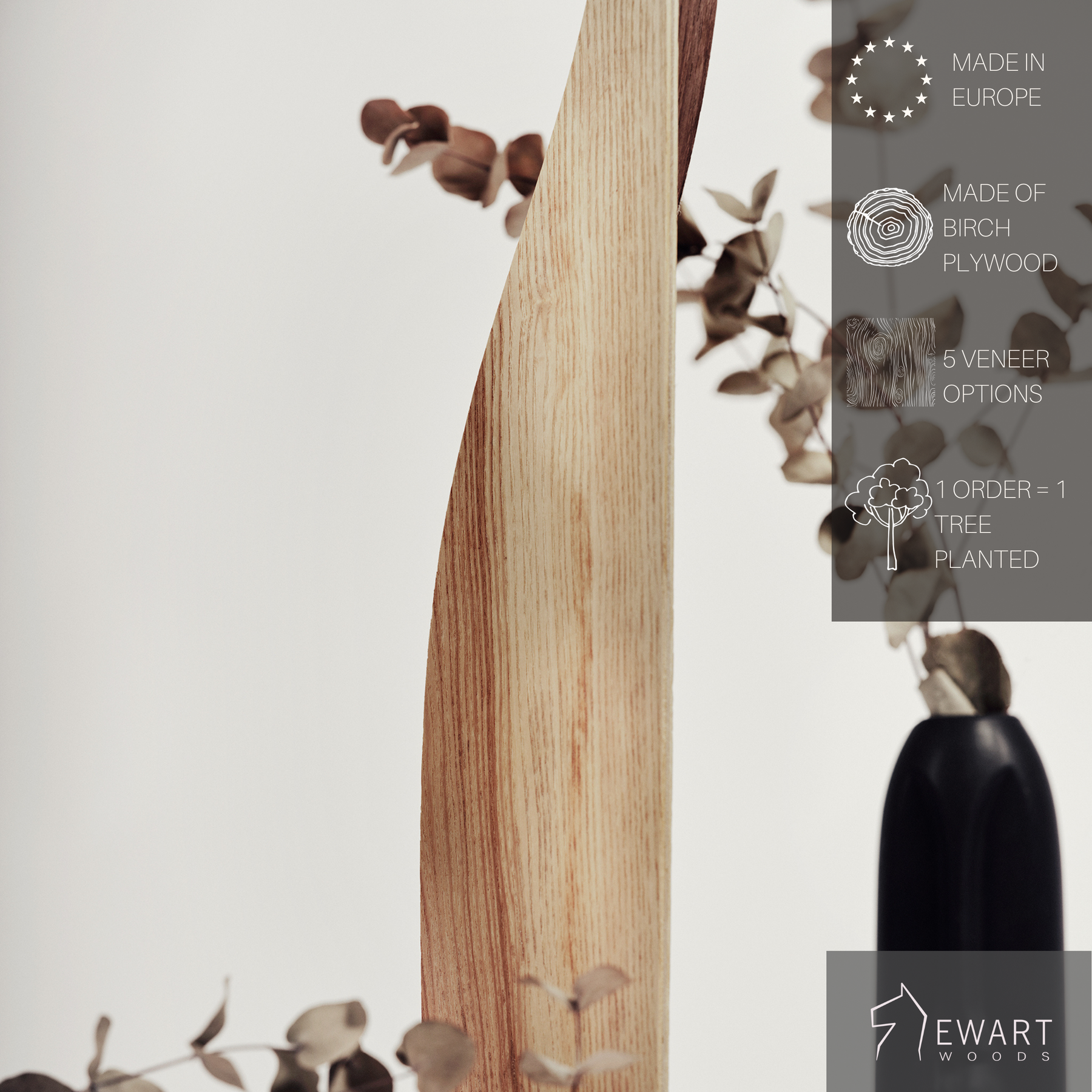 Wooden standing toilet paper holder in ashwood with manufacturer specifics mentioned