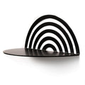 Matte black arch-shaped shelf with a layered, striped back, attached to the wall with screws, featuring a smooth, curved surface.