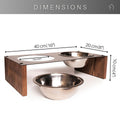 Elevated pet bowl stand measuring 40 cm (16 inches) in width, 20 cm (8 inches) in depth, and 10 cm (4 inches) in height, featuring two 15 cm (6 inches) stainless steel dishes.