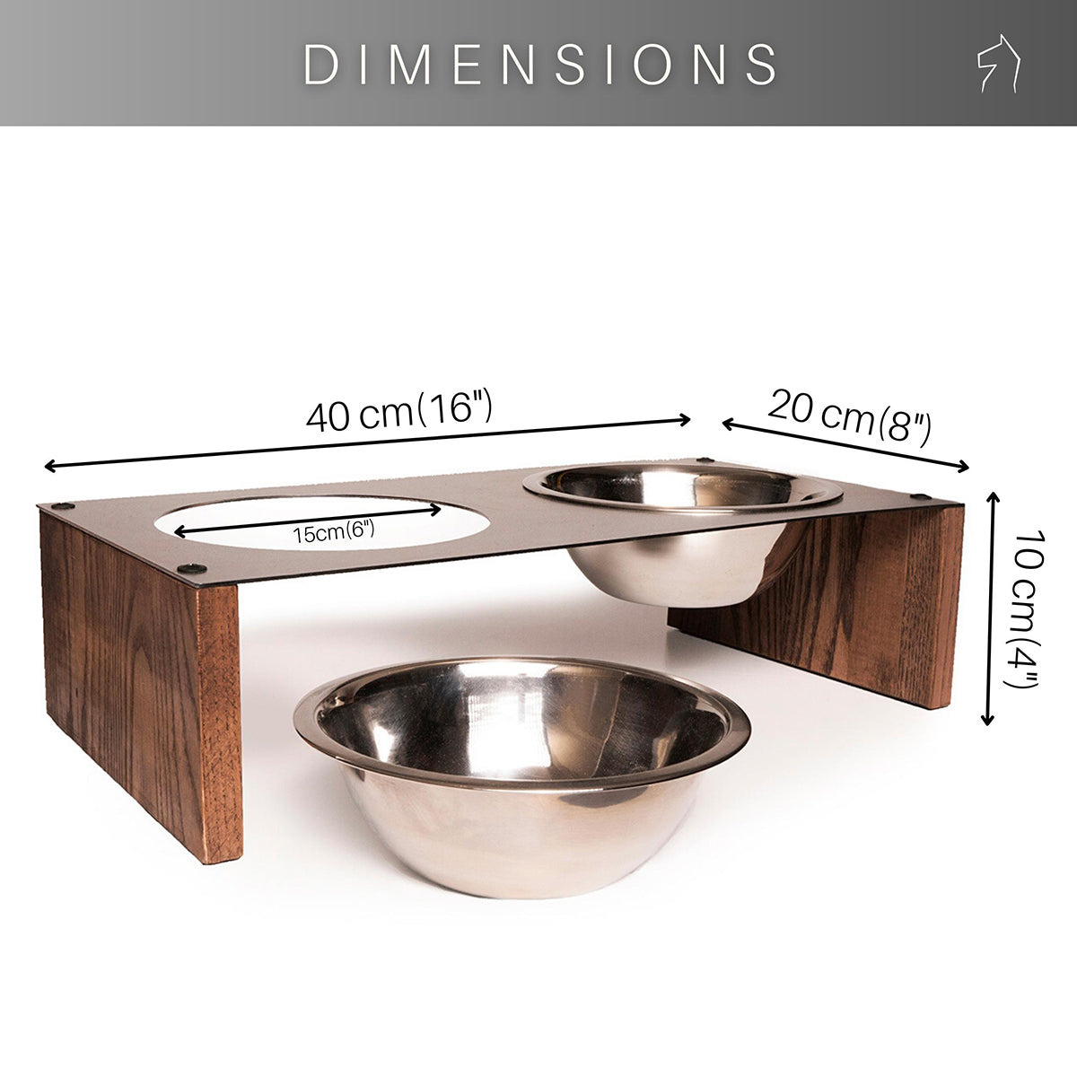 Elevated pet bowl stand measuring 40 cm (16 inches) in width, 20 cm (8 inches) in depth, and 10 cm (4 inches) in height, featuring two 15 cm (6 inches) stainless steel dishes.