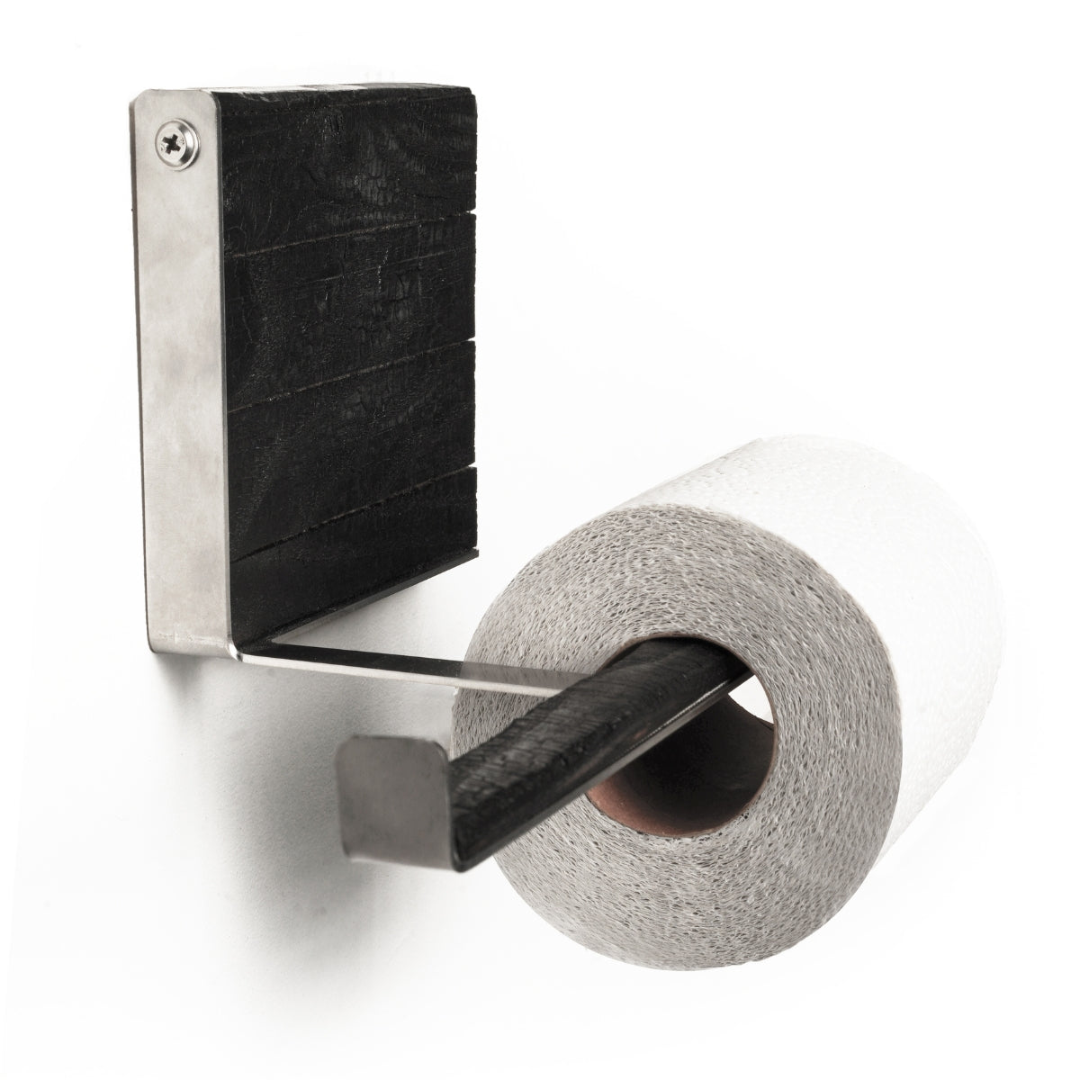 Close-up of a wall-mounted toilet paper holder featuring a combination of burned wood and stainless steel, with a sleek metal bar holding a roll of toilet paper.