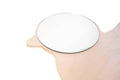 Side view of a duck-shaped wooden mirror, featuring a smooth, layered wood frame and a round reflective surface.