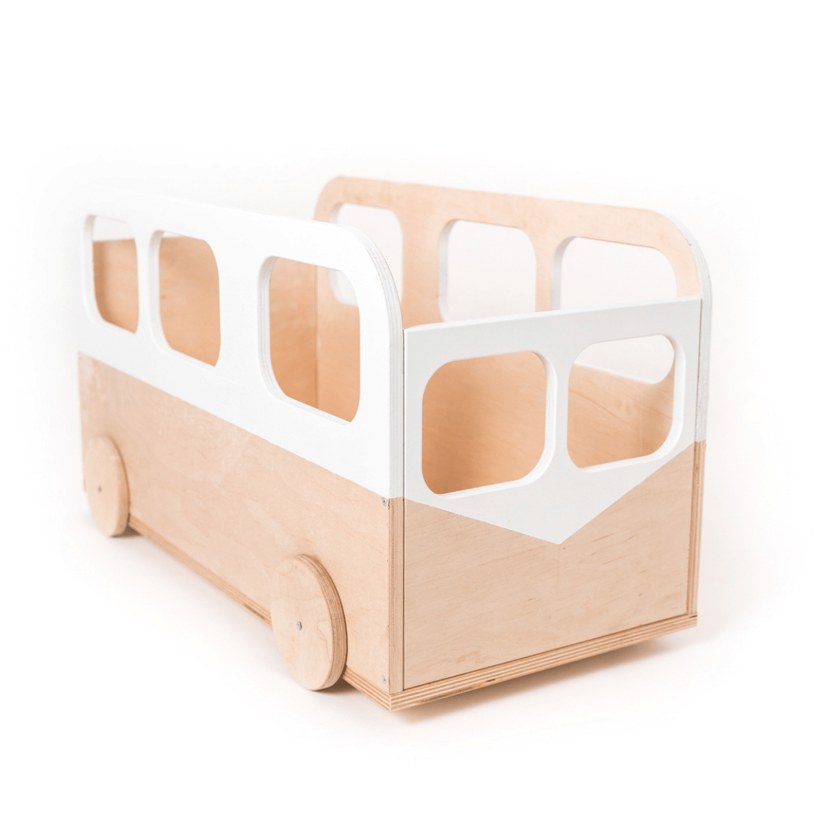 A wooden toy bus with a minimalist design, featuring round wheels and white cutout windows on its sides. The bus has an open top and smooth edges, suitable for children&