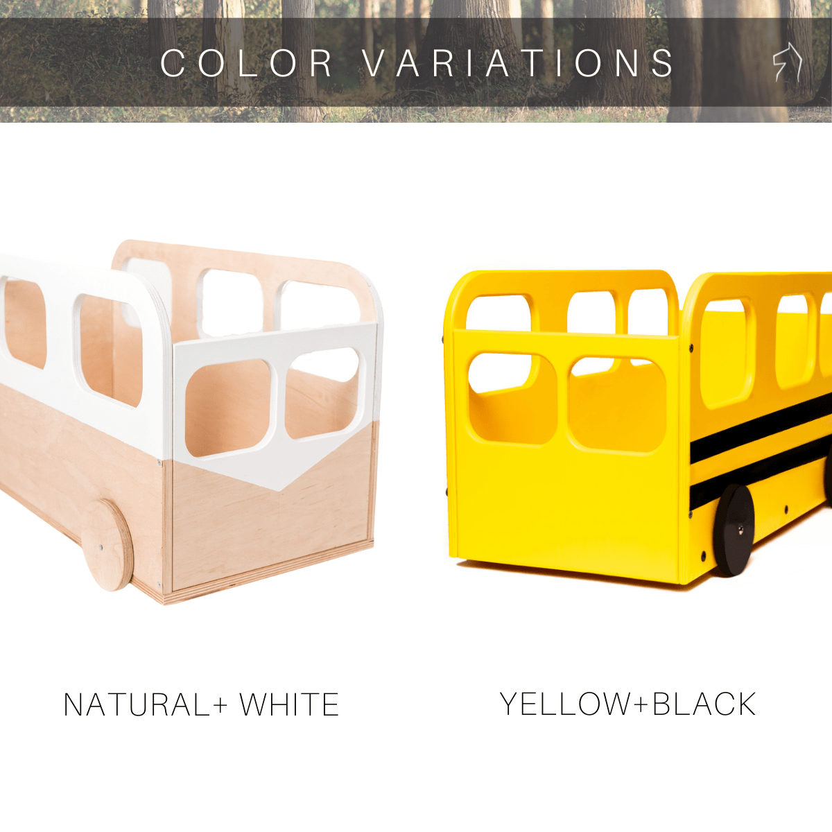 Two color variations of wooden toy buses: one in natural wood with white accents, and the other in bright yellow with black stripes resembling a school bus.