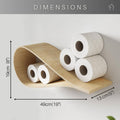 Drop-shaped birch  wall shelf holding toilet paper rolls, displayed with text indicating itâs made in Europe, fits 11.5 cm (4.5â) rolls, and is easy to set up. The bathroom features minimalist design with natural wood and modern fixtures.