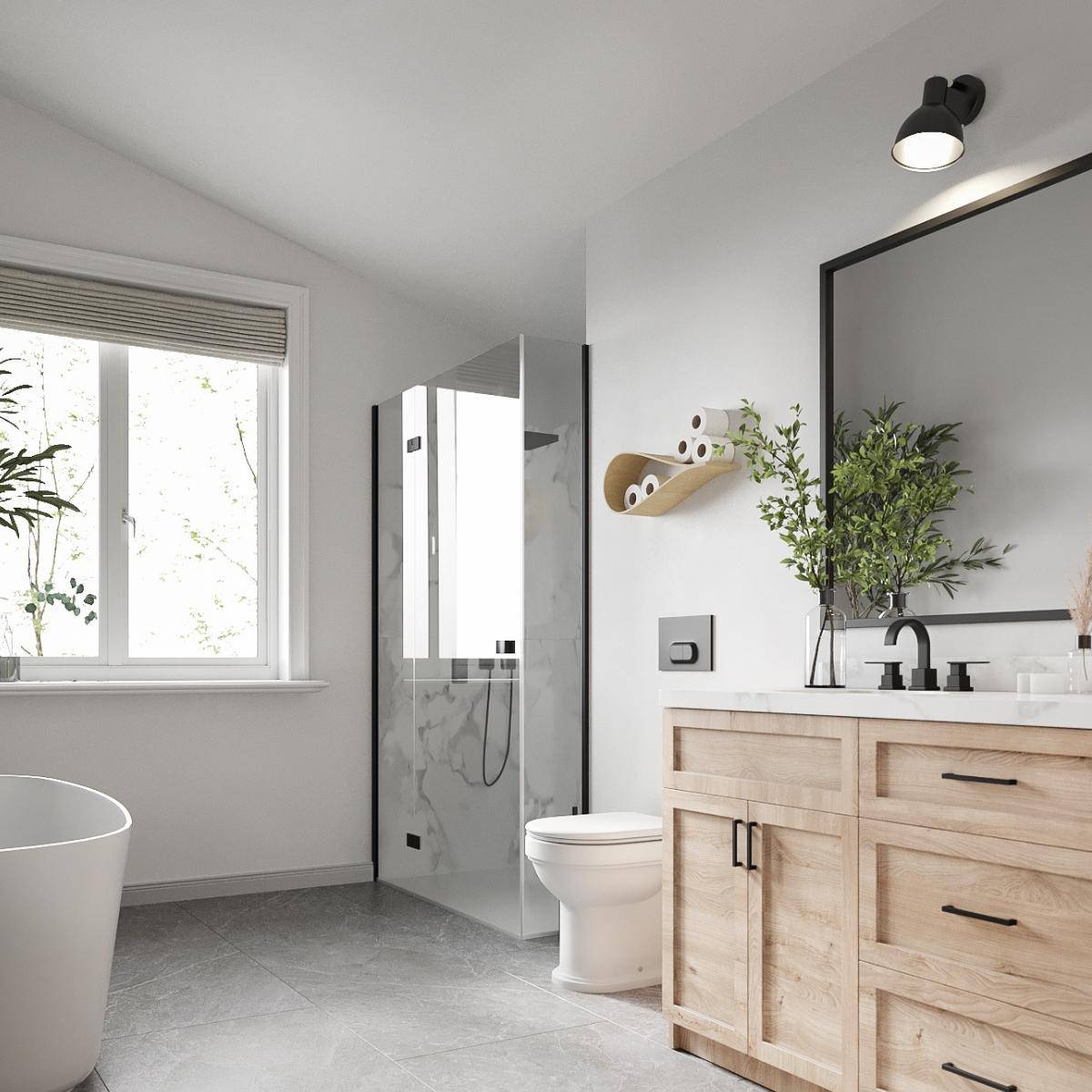 Drop-shaped floating toilet paper holder mounted on a bathroom wall, holding five toilet paper rolls. The bathroom features a spacious, minimalist design with natural wood finishes, a modern shower area, and large windows letting in natural light.