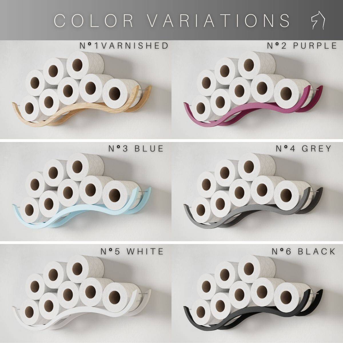 Bathroom toilet paper holder in six colors: varnished, purple, blue, grey, white, and black, each holding multiple rolls.