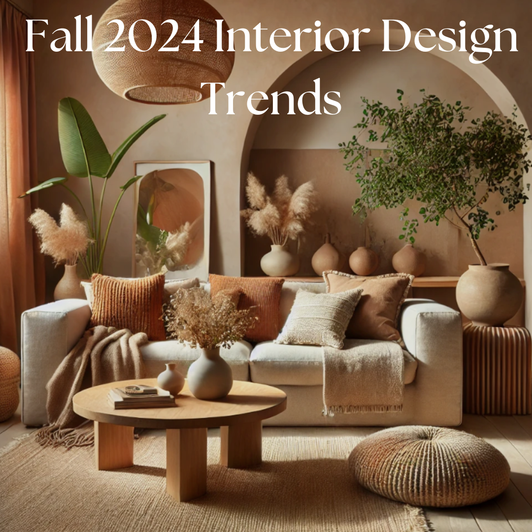 Fall 2024 interior design trends with minimalism, bold tones,, green shelves