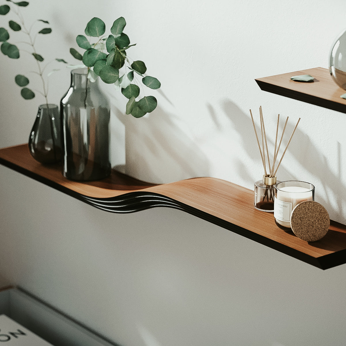 floating wall shelf wooden brass