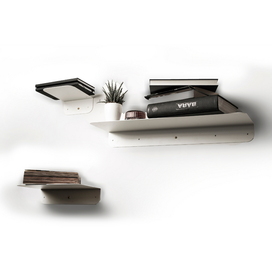 Three different dimensions for white metal floating shelf with golden screws and round corners