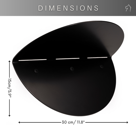 Black half-circle wall shelf with dimensions labeled: 15 cm (5.9 inches) in height and 30 cm (11.8 inches) in width.