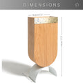 Dimensions for wooden standing umbrella holder with brass edge design and white curved metal leg