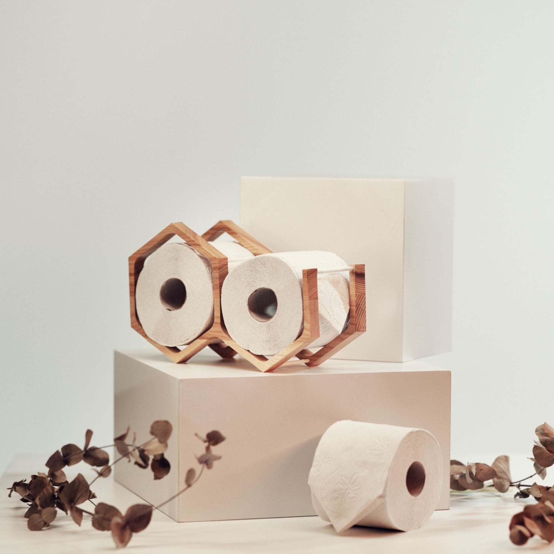 Wall mounted wooden toilet paper holder hexagon wall mounted for 2 rolls 