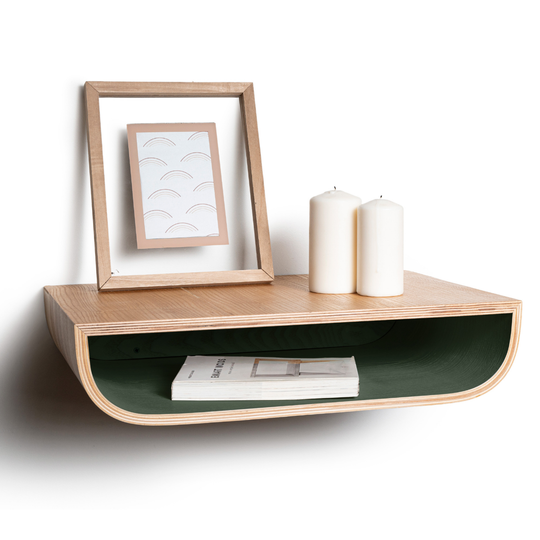 Floating nightstand in oak color with green interior