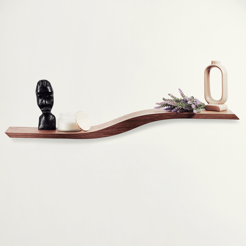 Wood curved floating shelf with solid middle wave section