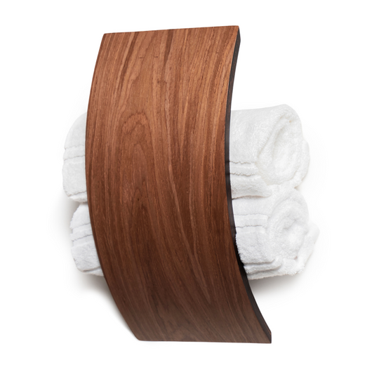 Wooden bathroom towel holder with open top